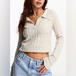 🎄LA SENZA Ribbed Knit Collared Crop Top | Beige | M